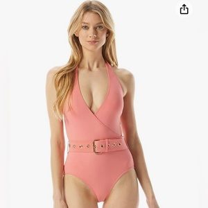 Michael Kors Solids Surplice Halter One-Piece Carribean Pink.